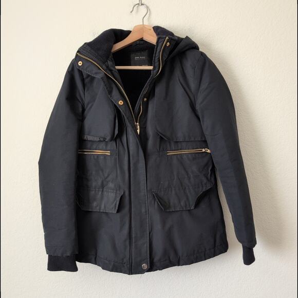 Zara Basic Outerwear Parka Hooded Black Coat with Gold Accents Womens Small - Picture 4 of 10